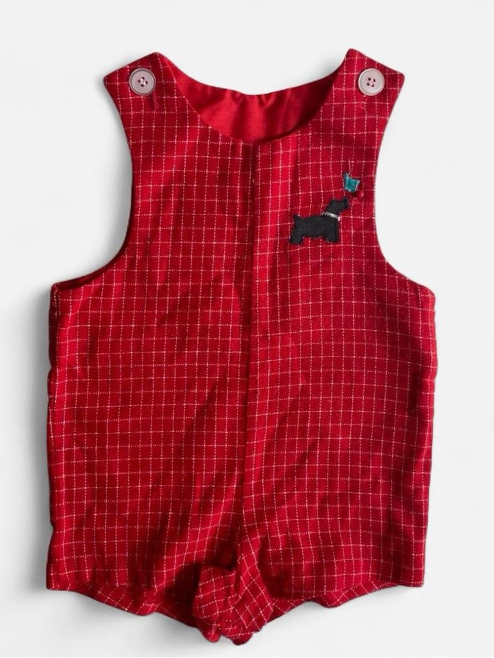 Vintage 80s Red Checked Baby Romper with Scottie Dog Embroidery
